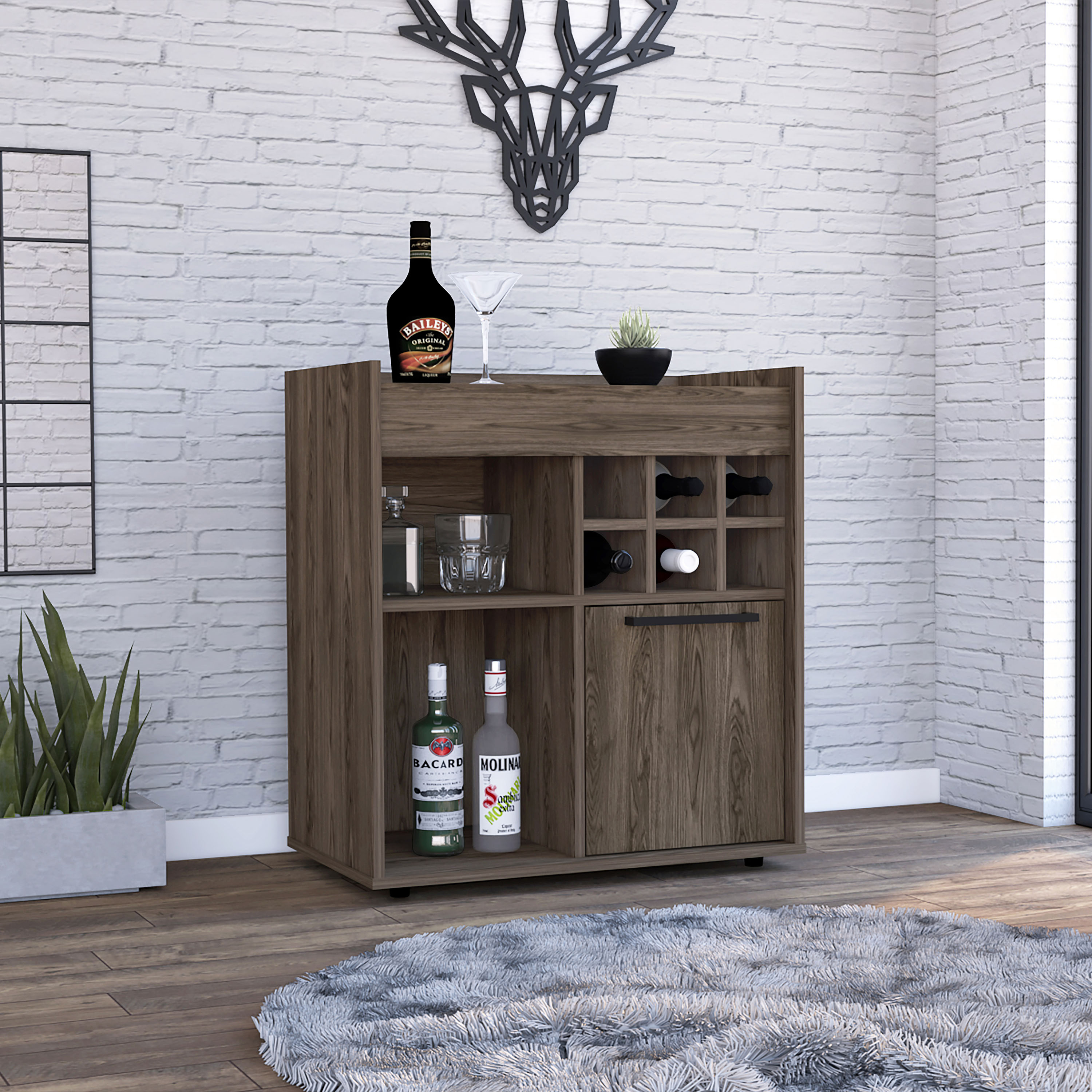 Lyon Bar Cabinet, Six Cubbies, Cabinet With Divisions, Two Concealed Shelves -Dark Walnut